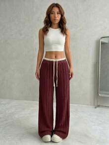 High Waist Contrast Color-Block Wide Leg Pants - Textured Drawstring Casual Trousers - Burgundy - View 3