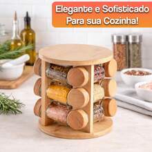 Porta Condimentos de Bambu Giratório 12 Potes Frascos Saleiro Temperos Organização Para Cozinha - Visão 7