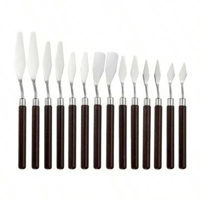 14件套木制调色刀、不锈钢油画笔、油画刮刀、油画调色刀、不锈钢油漆刮刀