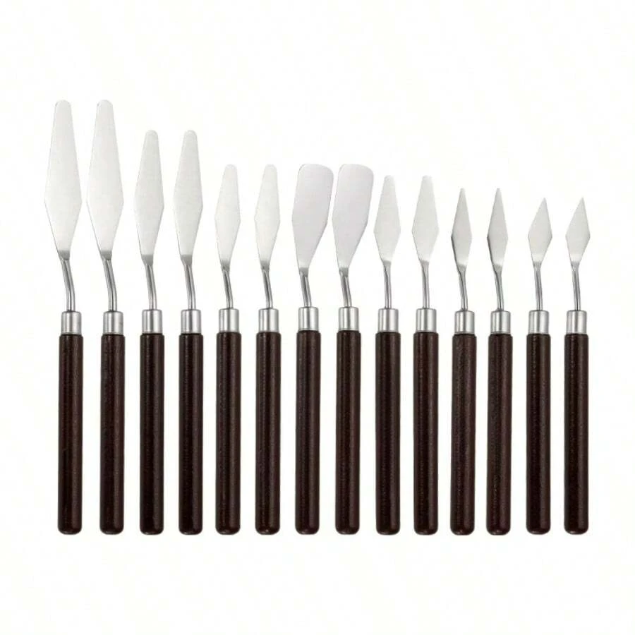 14件套木制调色刀、不锈钢油画笔、油画刮刀、油画调色刀、不锈钢油漆刮刀 - 套裝 - 查看 1