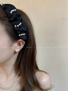 1pc Elegant Satin Headband, Pleated Faux Pearl Design, Wide Luxury Headpiece, Hair Accessory, 2026 New Arrival - Multicolor - View 5