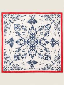 1pc 70*70cm Square Silk Scarf, Women's Satin Printed Headscarf, Neckerchief, Headband, Fashion Ladies Shawl, Scarf - Red Edge Blue and White - View 4