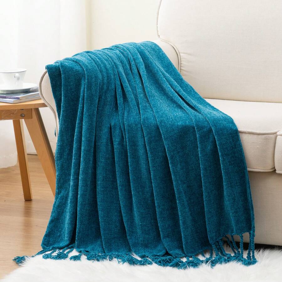 Soft Cozy Chenille Throw Blanket With Fringe Tassels, Teal Blue Blanket Throw For Couch Bed Sofa, Lightweight Knit Throw Blanket For Home Decor, 50"X60" - Teal - 查看 1