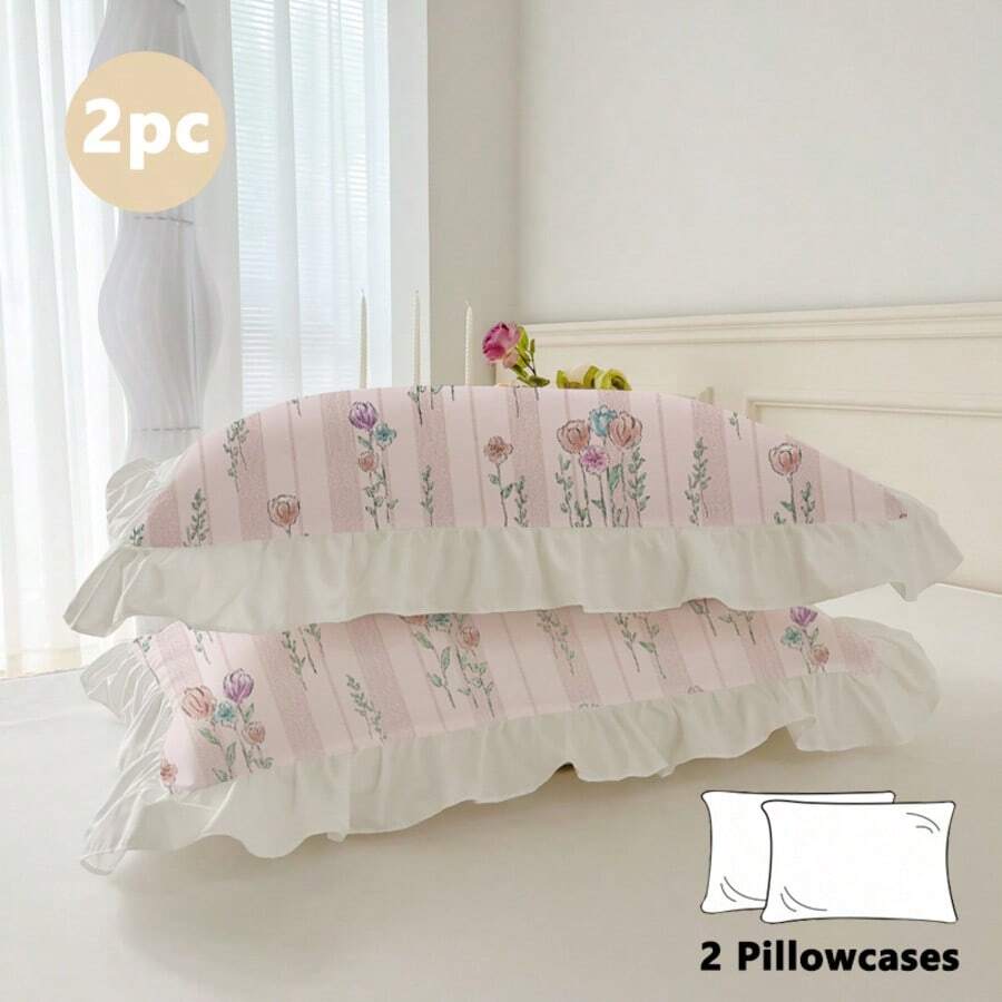 2pcs Set Floral Ruffle Trim Solid Color Pillowcase, Breathable Soft Skin-Friendly Washable, Lotus Flower Pattern, Suitable For All Seasons, Minimalist Sweet Style For Student Dorm, Bedroom, Hotel Bedding, White - Baby Pink - View 1