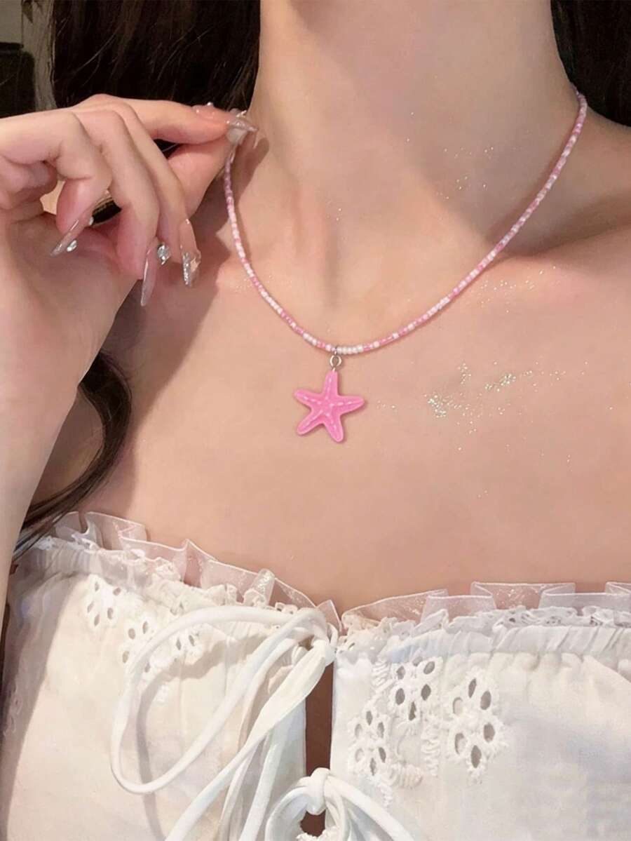 Dây chuyền hình sao biển Dopamine và hạt cườm phong cách kỳ nghỉ hè bên bờ biển, vòng cổ choker đính hạt ngọt ngào và tươi mát dành cho nữ. - sao biển - Xem 1