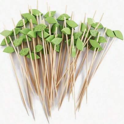 10支/20支/50支/100支装热带绿叶竹签，食物签，适用于鸡尾酒、水果等，时尚牙签，适合夏威夷、派对、圣诞节、母亲节等场合。