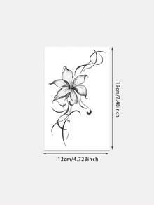 1pc Fashionable Waterproof Realistic Lily Flower Temporary Tattoo Sticker, Floral Vine Shoulder Back Tattoo Decal, Suitable For People,Spine Tattoo,Sketch Style - 黑色 - 查看 5
