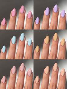 1 Box 144pcs (6 Mixed Colors) Short Oval Glossy Nail Stickers, Solid Color Macaron Series. Acrylic Fake Nails Set, Includes 1pc Jelly Glue And 1pc Nail File. - Multicolor - View 2
