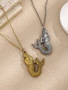 1pc Fashionable European And American Minimalist Retro Mermaid Stainless Steel Pendant Necklace, Personalized Creative Choker Necklace, Suitable For Women's Daily Wear And Gift - Multicolor - View 1