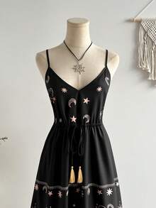 Rusttydustty Vestido largo estampado de estilo bohemio, adecuado para fiestas y uso en vacaciones, elegante - Negro - Ver 9