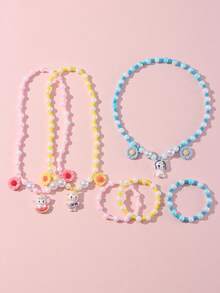 2pcs/Set Cute Pony & Flower Pendant Pearl Beaded Bracelet, Necklace Jewelry Set, Suitable For Holiday Party, School, Birthday Gift For Girls - Multicolor - View 2
