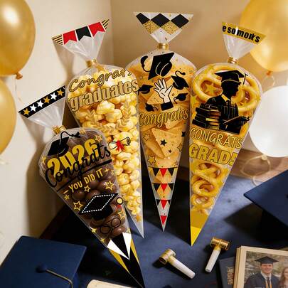 32/40/56个装毕业派对糖果三角袋，毕业帽图案零食爆米花玻璃纸袋，透明奶油裱花袋，适用于节日、聚会、毕业季、同学聚会、主题派对、毕业庆典、礼品包装、氛围装饰