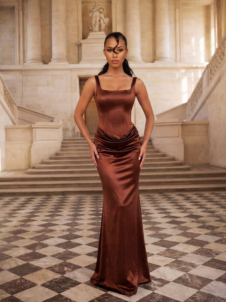 Vestido largo de fiesta para mujer con cuello cuadrado, tirantes finos, espalda descubierta, detalle fruncido y cruzado en marrón - Marrón - Ver 1