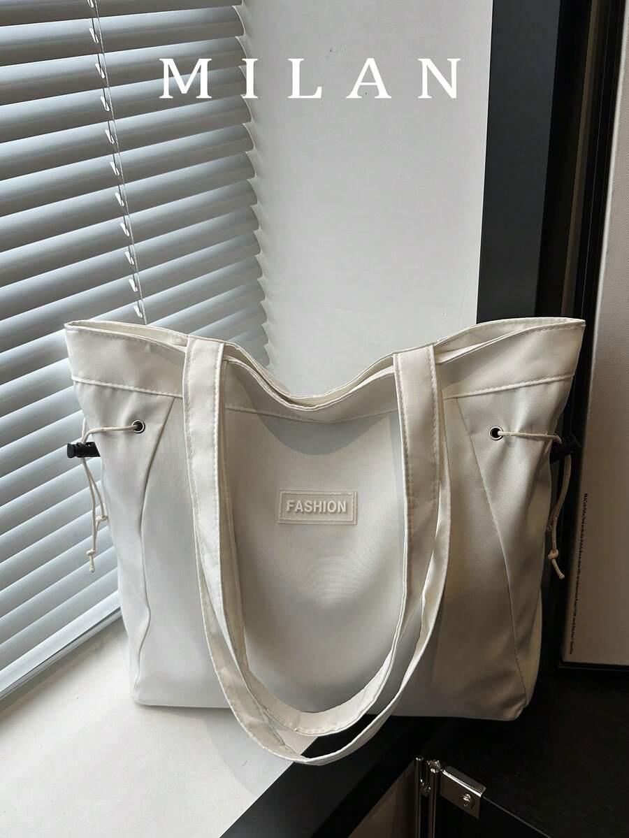 Fashionable Versatile Solid Color New Tote Bag, Casual Minimalist Textured Solid Color Drawstring One Shoulder Large Bag