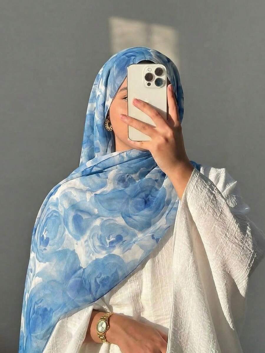 1 buah Syal Wanita, Motif Bunga Camellia Biru Bohemian, Motif Cat Air, Marmer, Gelombang, dan Tie-Dye, Cocok untuk Pemakaian Sehari-hari