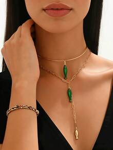 1 Set Luxury Vacation Style Ocean-Themed Plated Gold Enamel Small Fish 3-Layer Necklace, Elegant Jewelry For Beach Party, Vacation, And Commute - Golden Yellow+Green - View 4
