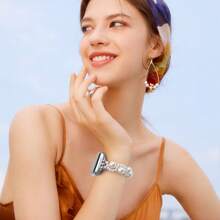 1pc Women's Creative Fashion Pearl Design Elastic Strap Bracelet Band Compatible With Apple Watch 38mm 40mm 41mm 42mm 44mm 45mm 49mm, Suitable For Ultra, Ultra 2, SE, Series 9, 8, 7, 6, 5, 4, 3, 2, 1 - White - View 5