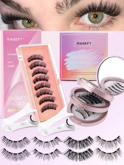 MAANGE 5 Pairs CC Curled Magnetic Eyelashes Set, Includes Reusable Eyelash Applicator, Mixed Styles Of Natural, Pointed, Cartoon, Cat Eye, Soft False Eyelashes, Magnetic Eyelashes No Eyeliner Needed, Reusable Magnetic Eyelashes With Applicator