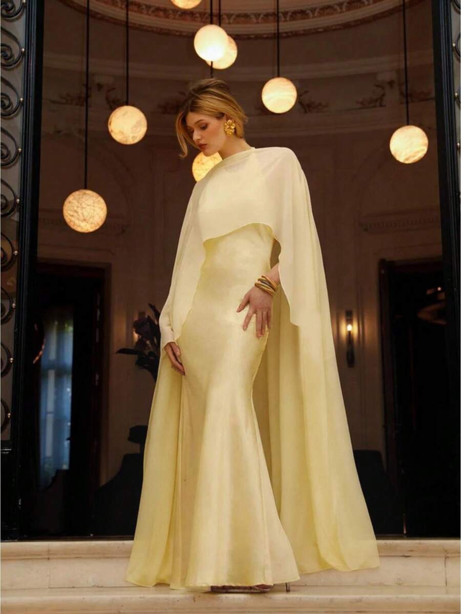 Women Sheer Long Capes Fashion Crew Neck Solid Color/Dot Print Cover Up Poncho Shawl - Màu vàng - Xem 1