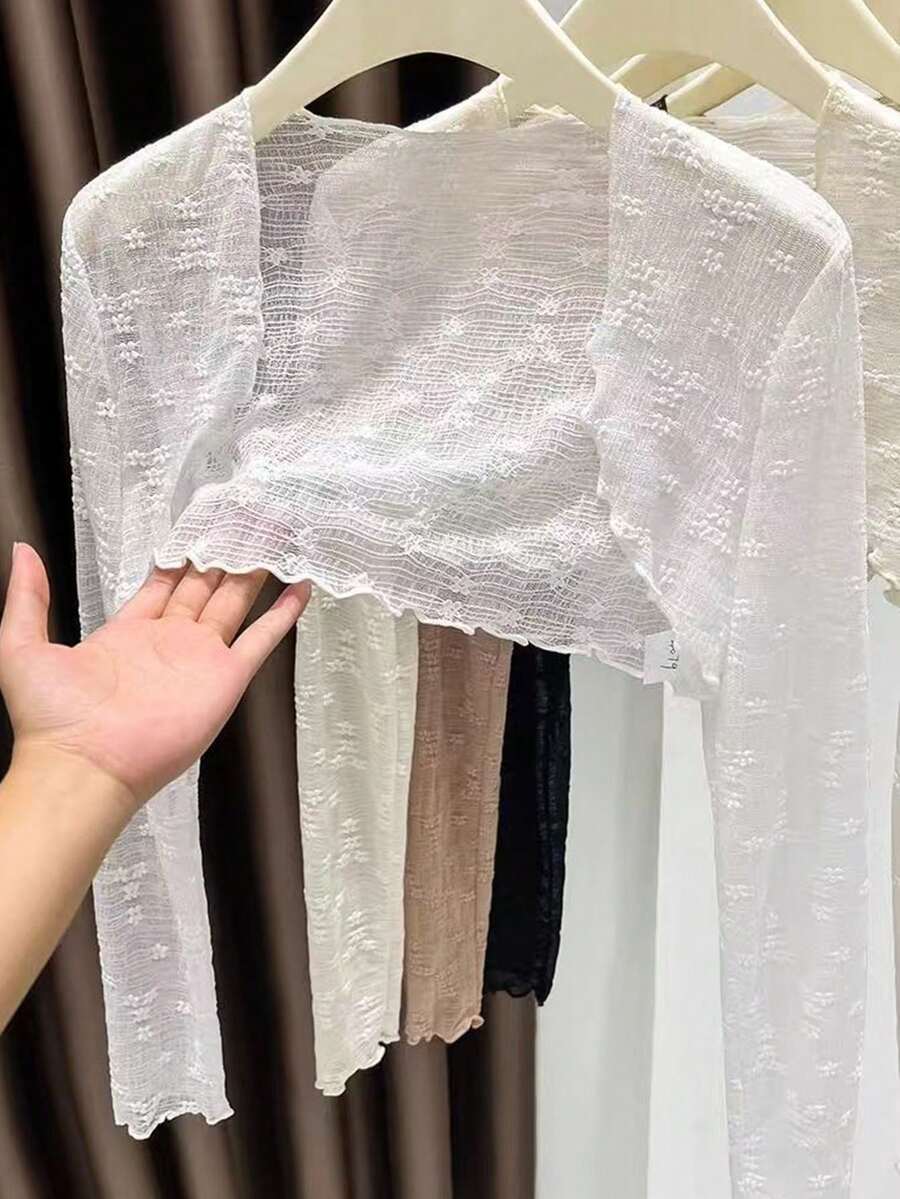 一件白色蕾丝轻薄罩衫，优雅叠穿单品，可搭配吊带裙，夏季必备 - 黑色 - 查看 1