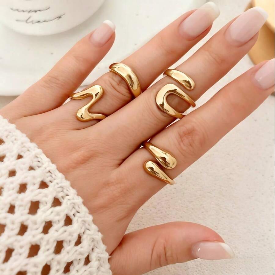 Four-Piece Irregular Wide Thick Gold Polished Open Ring Set Suitable For Women's Daily Wear - Yellow Gold - View 1