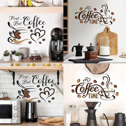1 pièce Décalcomanie murale thème "Heure du café", tasse à café et grains de café créatifs, autocollant idéal pour la décoration d'un bar à café, amovible, en vinyle imperméable, convient pour la décoration murale de la maison dans les cuisines, salons, bureaux et plus encore