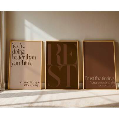 1/3pcs Unframed "Rest" Inspirational Quote Art Print, Warm Neutral Bedroom Wall Decor, Minimalist Comfortable Aesthetic Poster Suitable For Living Room, Dorm, Back To School, Fashion Poster, Room Decoration, Gift