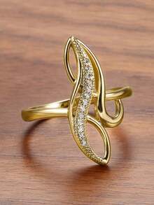 1枚女士优雅立方氧化锆戒指，适合婚礼、订婚、周年纪念派对、情人节礼物 - 金黃色 - 查看 7