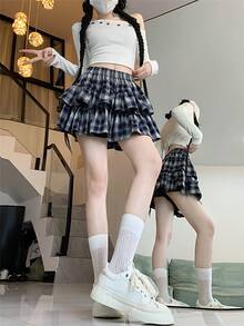 甜美简约松紧腰撞色格纹荷叶边层叠A字裙 - 寶藍色 - 查看 3