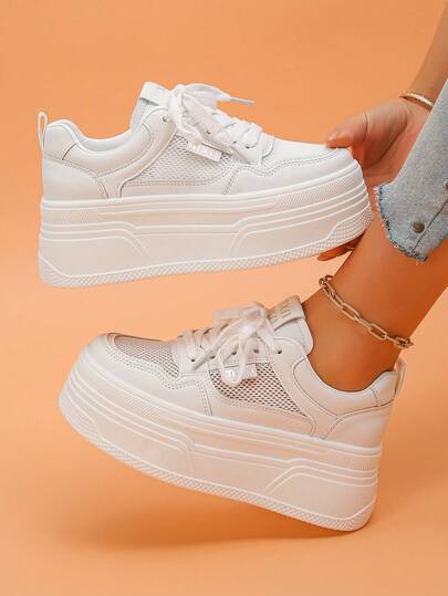 女士厚底运动鞋，纯色休闲运动鞋款，系带透气网面，厚底时尚百搭休闲鞋，增高鞋