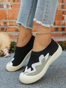Chaussures décontractées à enfiler asymétriques en patchwork de camouflage, chaussures légères et respirantes pour l'extérieur/les déplacements - Noir - Voir 2