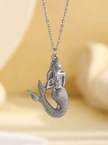1pc Fashionable European And American Minimalist Retro Mermaid Stainless Steel Pendant Necklace, Personalized Creative Choker Necklace, Suitable For Women's Daily Wear And Gift - Multicolor - View 3