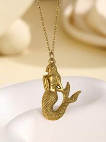 1pc Fashionable European And American Minimalist Retro Mermaid Stainless Steel Pendant Necklace, Personalized Creative Choker Necklace, Suitable For Women's Daily Wear And Gift - Multicolor - View 2