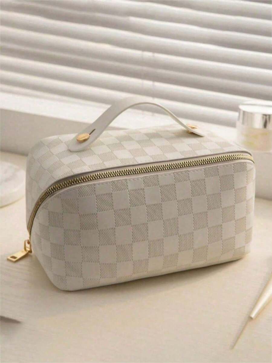 1pc PU Leather Travel Makeup Bag, Cosmetic Storage Pouch, Toiletry Organizer Bag For Skincare, Makeup, Brushes, Powder, Lipstick, Suitable For Beach, School, Bathroom, Holidays, Valentine's Day, Christmas Gifts For Mom, Family, Friends, Students, Essential For Autumn Travel