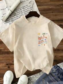 Fashionable Women's Autumn T-Shirt, Unique Spanish Quote Print, Short Cropped Drop Shoulder, Ribbed Knit Crew Neck, Suitable For Party Or Casual Wear - Apricot - View 3