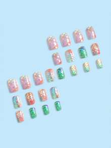 24 miếng dán móng tay hình vuông nhỏ tối giản họa tiết lá xanh, thích hợp cho tiệc tùng, khiêu vũ hoặc sử dụng hàng ngày. - Nhiều màu - Xem 2