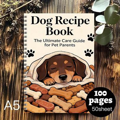 1-częściowy spiralny notes z przepisami dla zwierząt, książka z przepisami na zdrową karmę dla psów, książka z przepisami na zdrowe przysmaki dla zwierząt w formacie A5, odpowiednia dla osób zajmujących się pieczeniem karmy dla zwierząt i zbieraniem odchodów, zawiera uroczy wzór śpiącego psa, służy do zapisywania przepisów i notatek dotyczących karmienia zwierząt