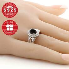 1pc S925 Sterling Silver Ring, Hollow Heart Engraved Design, Inlaid With Black Synthetic Zirconia And Multiple White Synthetic Zirconia Stones, Suitable For Daily And Business Occasions, Great Gift For Mother's Day/Christmas/Valentine's Day/Birthday, Comes With Gift Box - Silver - View 4