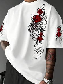 Fashionable Men's Rose Vine Printed Short Sleeved T-Shirt Multi-Element Graffiti Printed Short Sleeved T-Shirt, Summer Casual T-Shirt For Men's Wear - trắng - Xem 1
