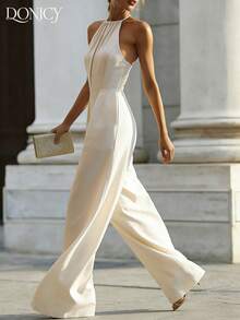 DONICY Elegant Cream Jumpsuit, Women's Chic Wide Leg Jumpsuit With Collared Neck & Smocked Waist, Sexy Backless Vacation Romper - Apricot - View 7