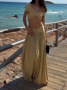 PoPoHouse Women's Elegant Two Pieces Set Sexy Off Shoulder Ruched Crop Top & High Waist Flowy Maxi Skirt For Summer Beach Vacation Party Wedding Guest Going Out Outfit Light Yellow Two Pieces Set - Light Yellow - View 10