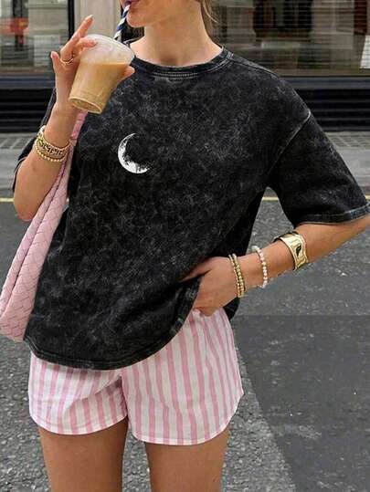Women's Summer New Moon Pattern Printed Round-Neck Short-Sleeved T-Shirt, Casual Loose Versatile Top, Fashionable Daily Wear Black