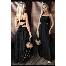 Long Chiffon Party Dress With Ruffles And Pads For Wedding, Graduation, Birthday Summer - màu đen - Xem 2