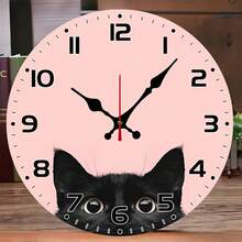 Cute Black Cat Background Wall Clock - 10inch Wooden Veneer Round Silent Flat Wall Clock - Batteries Not Included - Suitable For Living Room, Bedroom, Outdoor Party Decoration, Holiday Gift, Festive Room Decoration Geometric Wall Clock,Battery Operated Wall Clock,Battery Wall Clock,Silent Wall Clock,Reloj De Pared,Room Decor,Clock - Style 1 - View 2