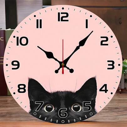 Cute Black Cat Background Wall Clock - 10inch Wooden Veneer Round Silent Flat Wall Clock - Batteries Not Included - Suitable For Living Room, Bedroom, Outdoor Party Decoration, Holiday Gift, Festive Room Decoration Geometric Wall Clock,Battery Operated Wall Clock,Battery Wall Clock,Silent Wall Clock,Reloj De Pared,Room Decor,Clock