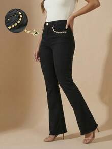 pthirillo Women's Black Flare Jeans With High-Waisted Butt-Lifting Effect And Rhinestone Detail. - 我口袋裡的水鑽 - 查看 1