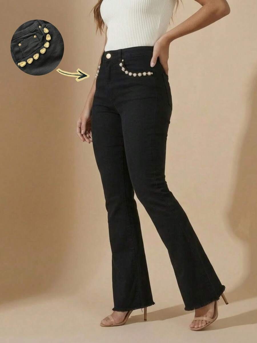 pthirillo Women's Black Flare Jeans With High-Waisted Butt-Lifting Effect And Rhinestone Detail. - 我口袋裡的水鑽 - 查看 1
