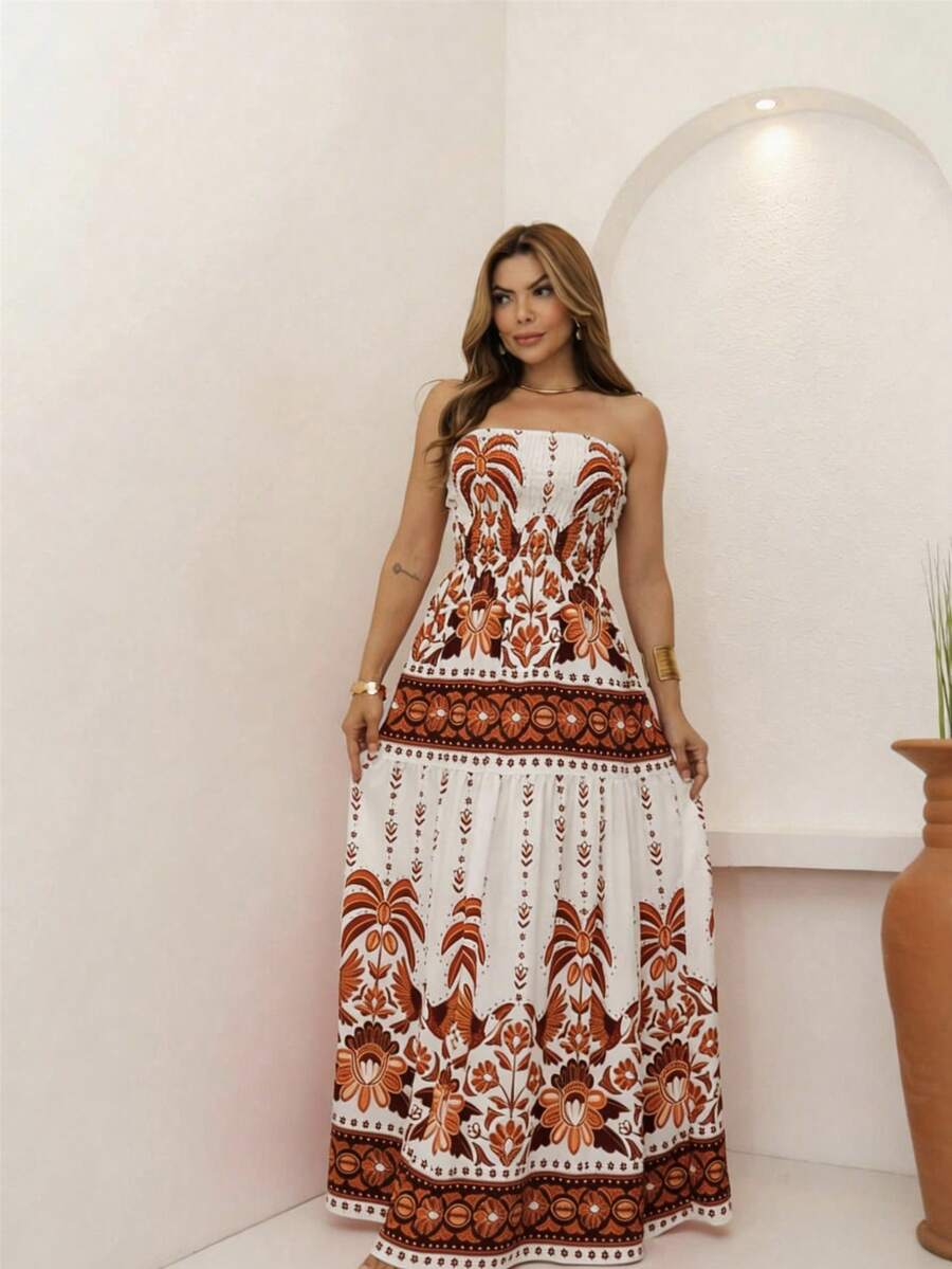 RAINBOW Strapless Long Dress Plain Printed Viscose Cheap Size 36-42 With Elastic Casual Elegant Women's For Versatile And Comfortable Looks - 65-B/磁磚 - 查看 1