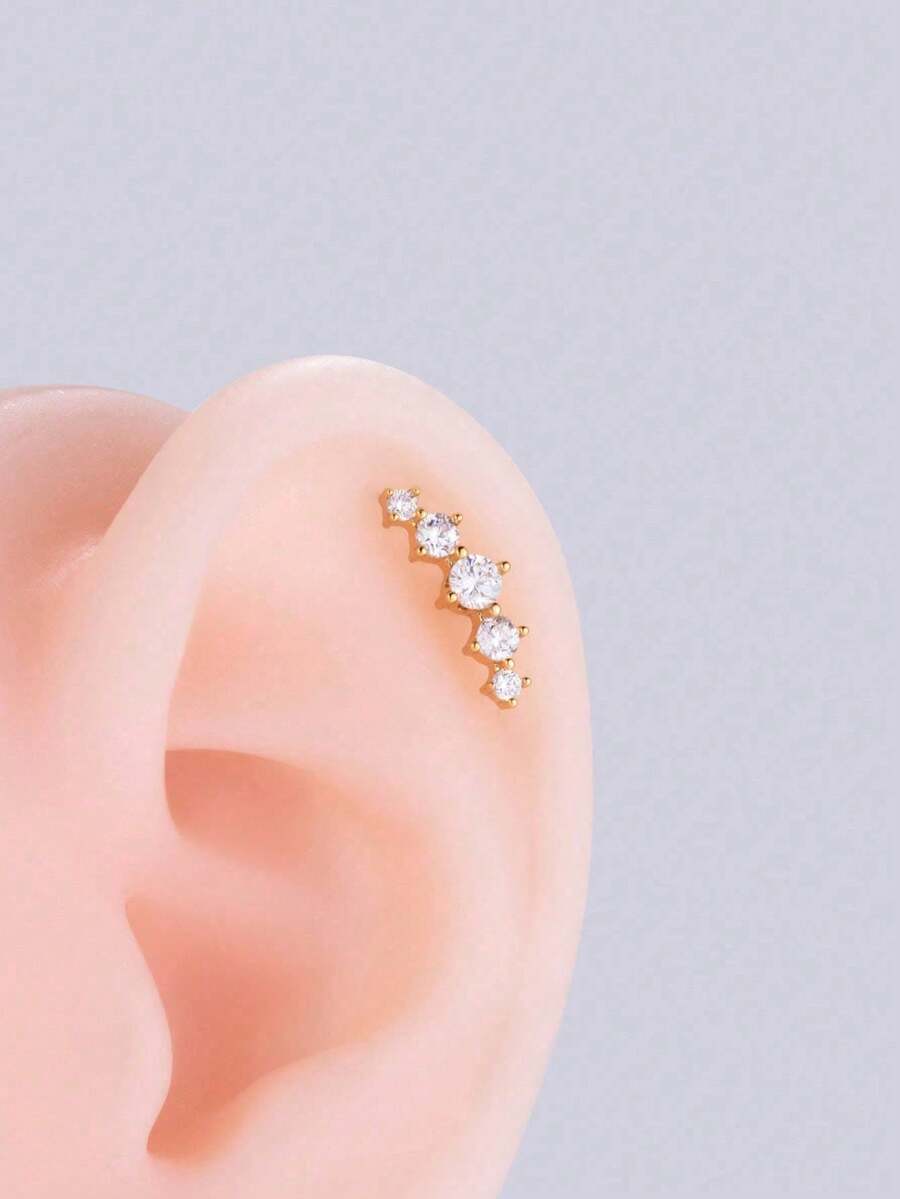1pc Fashionable Rhinestone Stainless Steel Cartilage Earring, Curved Design, 18K Gold Vacuum Plated, Available In White, Green, And Red Rhinestone, Suitable For Daily Wear - Yellow Gold - View 1