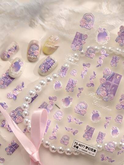 1 chiếc rèm cửa sổ màu tím mộng mơ sang trọng với họa tiết hoa hồng, khung hình học tạo hiệu ứng ảo giác nhẹ nhàng, miếng dán móng tay nghệ thuật, decal trang trí móng.